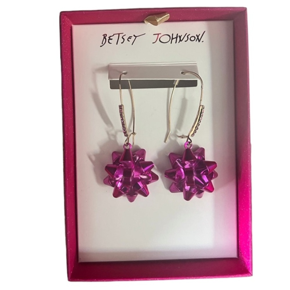 BETSEY JOHNSON Christmas Holiday Hot Pink Fuchsia Bow Ribbon Dangle Earrings NWT